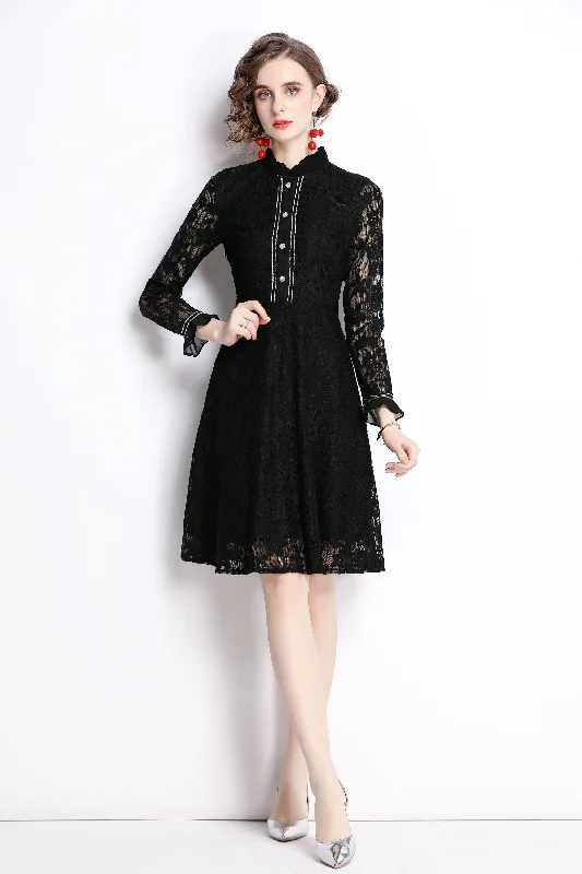 Black Cocktail A-line Crewneck Long Sleeve Above Knee Lace Dress