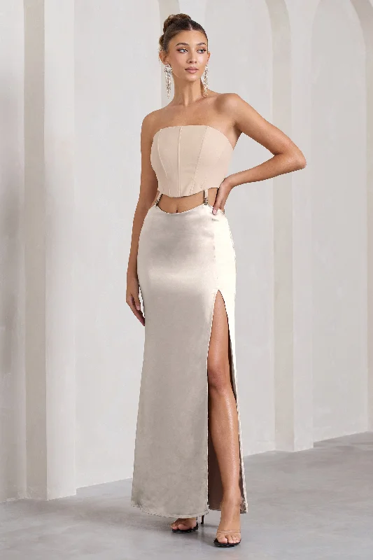 Champagne Showers | Nude Satin Strapless Split Maxi Dress