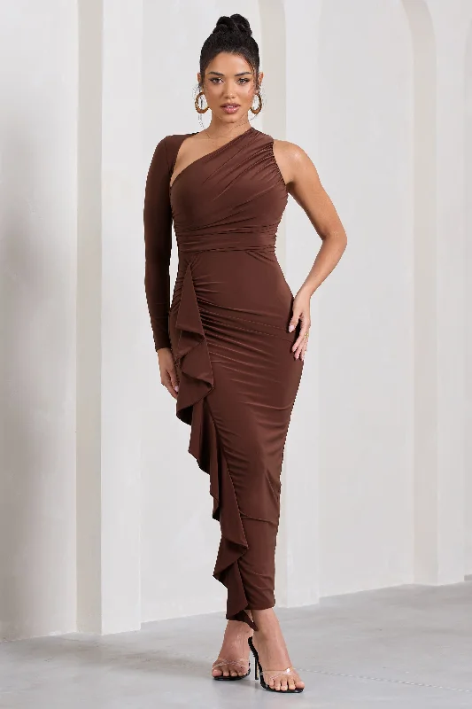 Compass | Brown One-Sleeved Cut-Out Maxi Dress With Ruffle