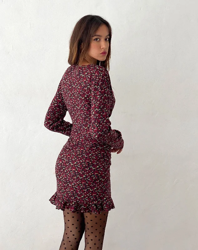 Dawsen Long Sleeve Ruched Mini Dress in Dark Rhoslyn Ditsy Print