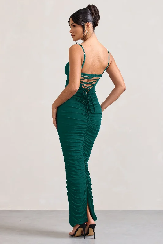 Ellis | Bottle Green Ruched Mesh Strappy Bodycon Maxi Dress