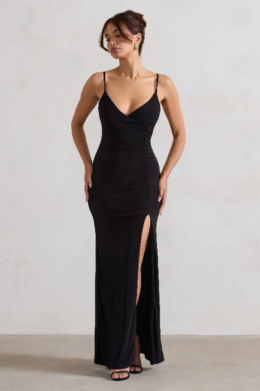 Jeanne | Black Plunge Ruched Cami Maxi Dress With Split