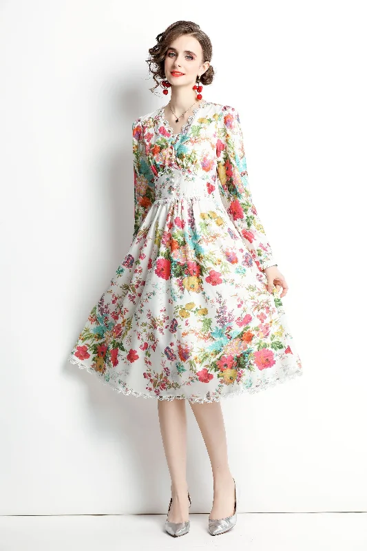 Multicolor Day A-line V-neck Long Sleeve Below Knee Printed Dress