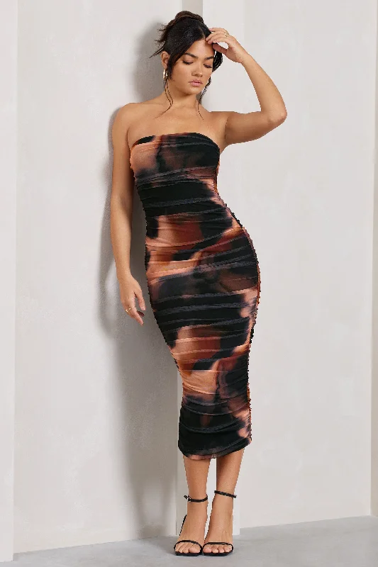 My Girl | Orange Smoke Print Strapless Bodycon Ruched Mesh Midi Dress