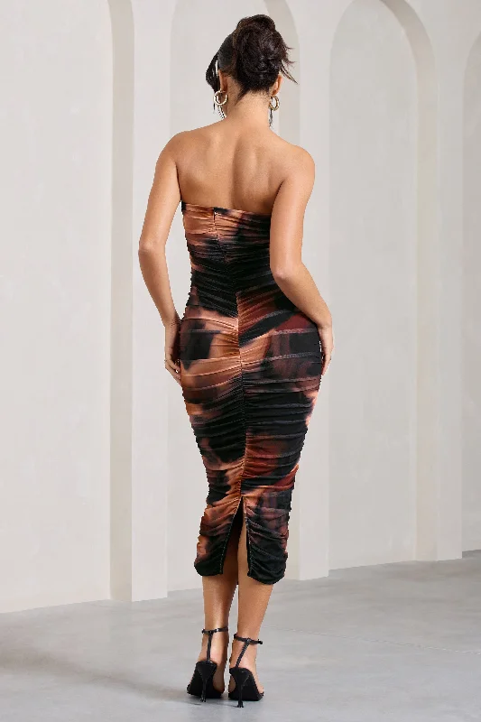 My Girl | Orange Smoke Print Strapless Bodycon Ruched Mesh Midi Dress