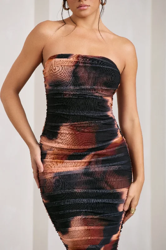 My Girl | Orange Smoke Print Strapless Bodycon Ruched Mesh Midi Dress