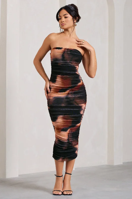 My Girl | Orange Smoke Print Strapless Bodycon Ruched Mesh Midi Dress