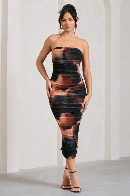 My Girl | Orange Smoke Print Strapless Bodycon Ruched Mesh Midi Dress