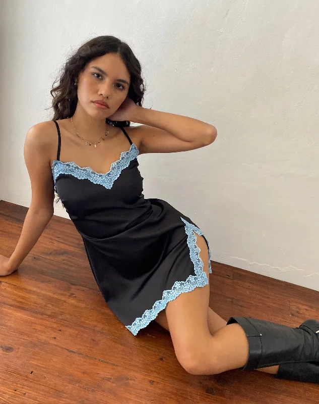 Oming Slip Mini Dress in Black with Blue Lace