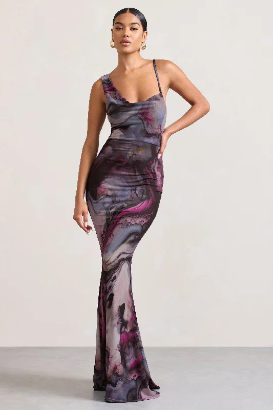 Phantasy | Marble Print Asymmetric Neckline Cowl Maxi Dress