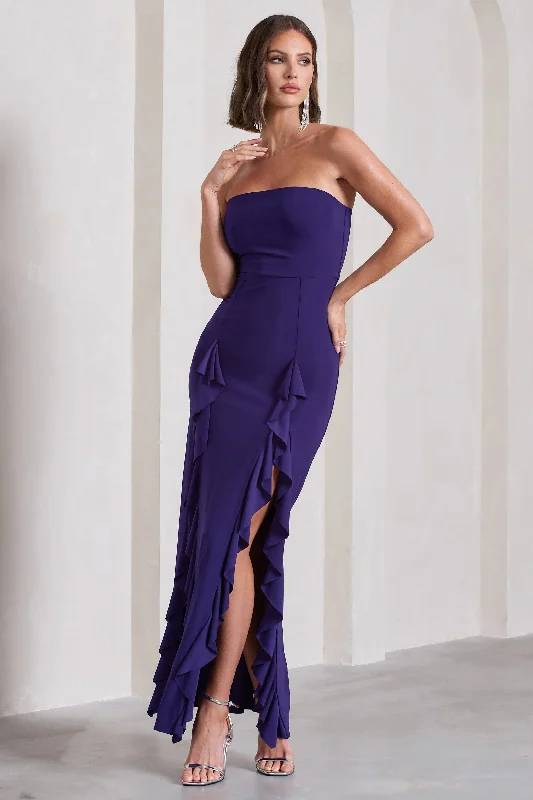 Susan | Purple Bandeau Maxi Dress With Ruffled Splits