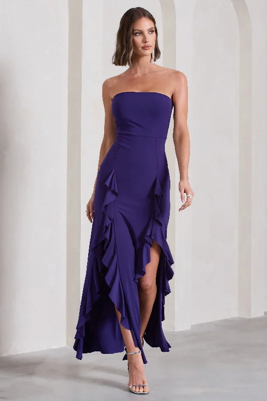 Susan | Purple Bandeau Maxi Dress With Ruffled Splits