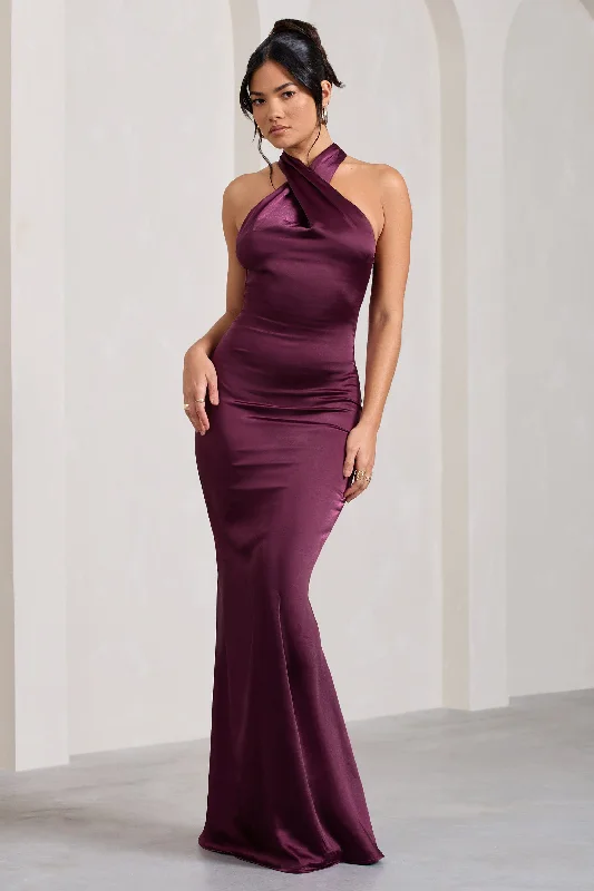 Unstoppable | Burgundy Satin Cross Over Halterneck Maxi Dress