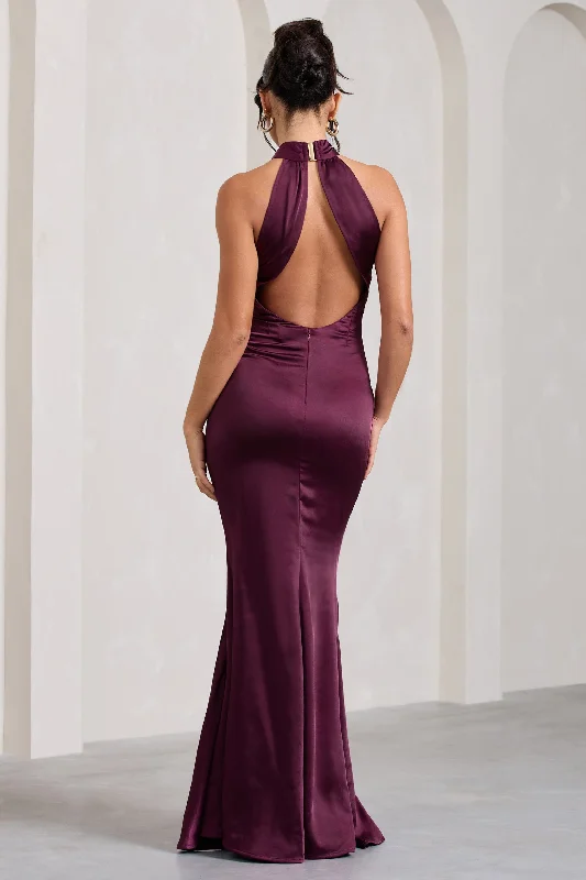 Unstoppable | Burgundy Satin Cross Over Halterneck Maxi Dress