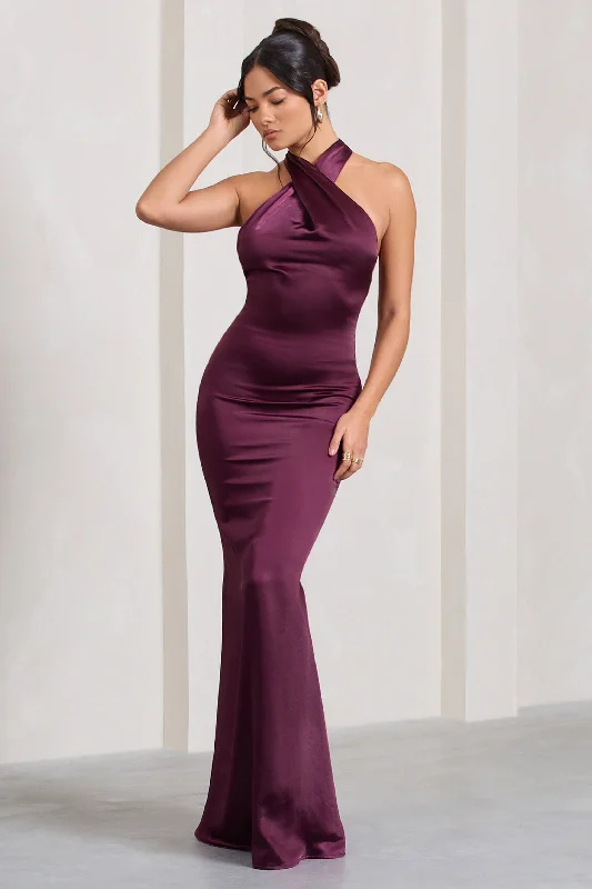 Unstoppable | Burgundy Satin Cross Over Halterneck Maxi Dress