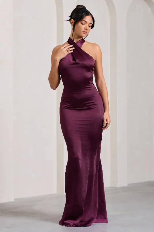 Unstoppable | Burgundy Satin Cross Over Halterneck Maxi Dress