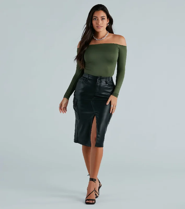 Chic Structure Faux Leather Cargo Midi Skirt