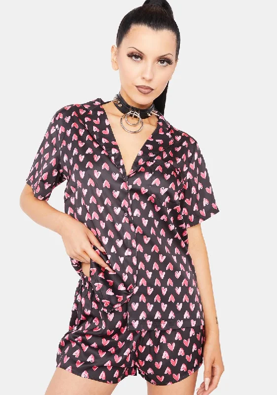 Heart Print Satin Pajama Set