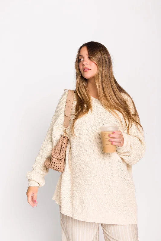 Mavey 100% Cotton Oversized Sweater with Pocket in Natural