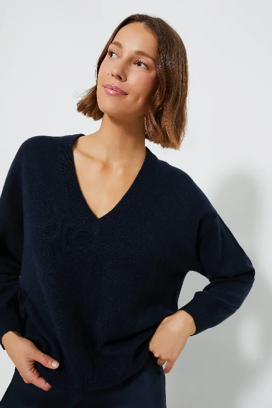 Navy Cashmere Emma V-Neck Boyfriend Sweater