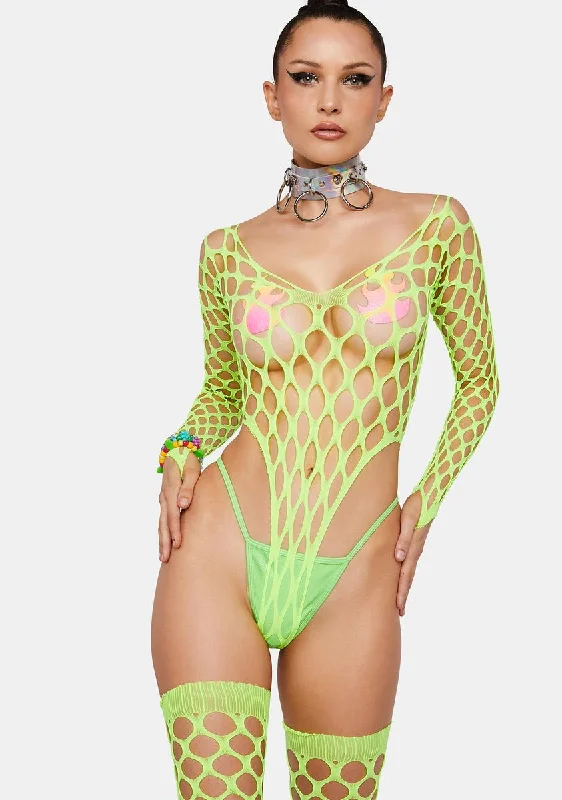 Neon So Alluring Fishnet Bodysuit & Stockings Set