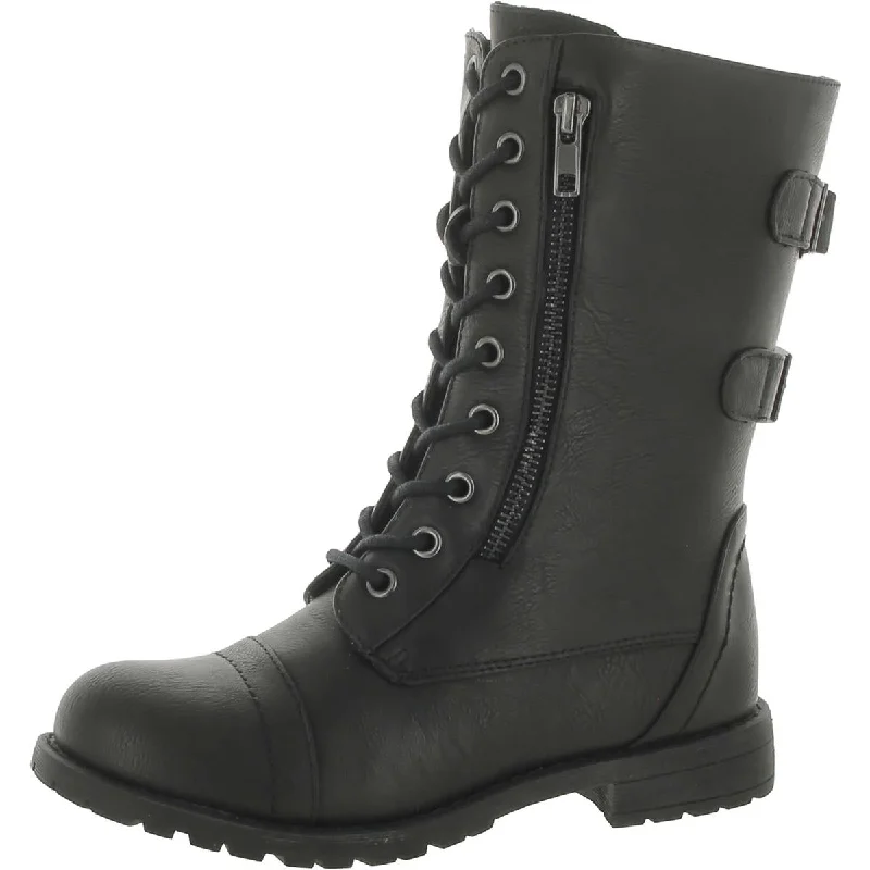 Womens Faux Leather Double Zipper Combat & Lace-Up Boots