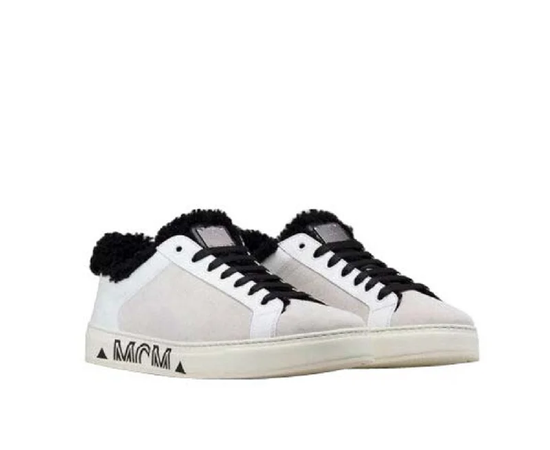 MCM Women's White Milano Suede Black Shearling Low Top Sneaker