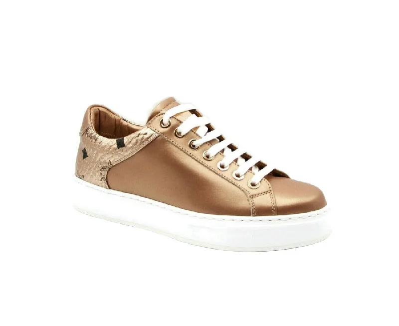 MCM Women's Rose Gold Leather Low Top Sneakers