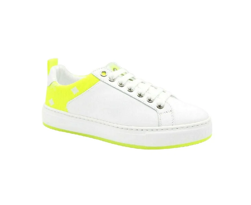 MCM Women's White Leather Neon Green Logo Trim Low Top Sneaker