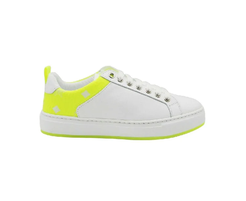 MCM Women's White Leather Neon Green Logo Trim Low Top Sneaker