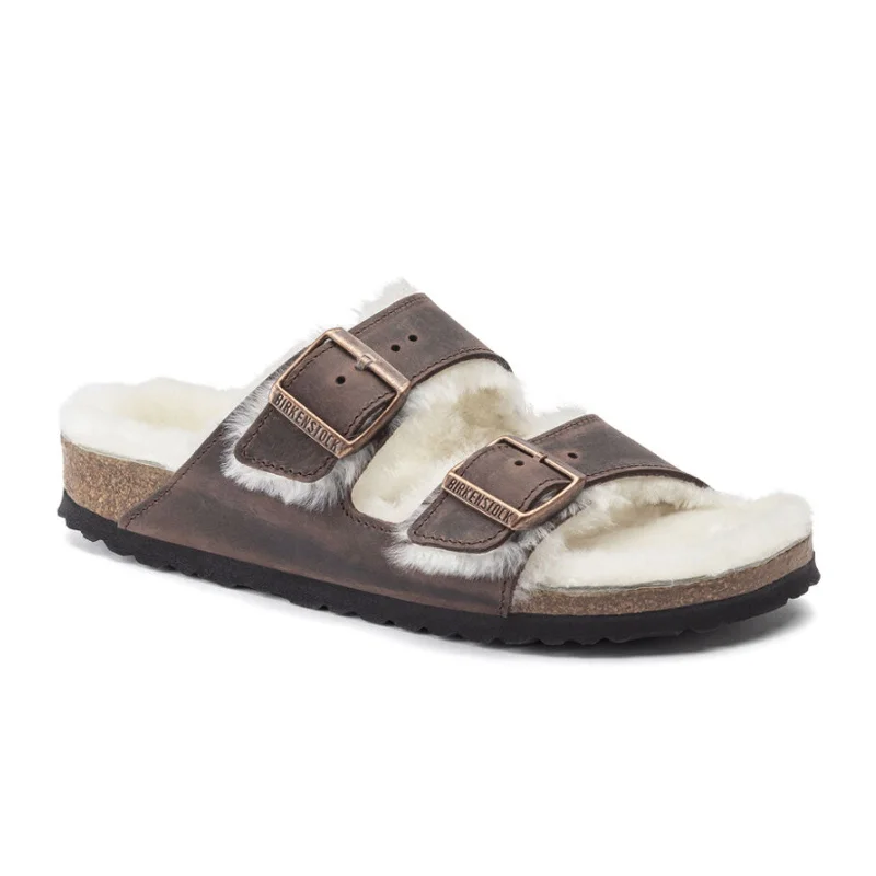 Birkenstock Arizona Slide Sandal (Women) - Habana Oiled Leather/Natural Shearling