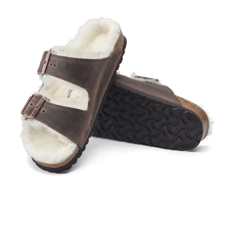 Birkenstock Arizona Slide Sandal (Women) - Habana Oiled Leather/Natural Shearling