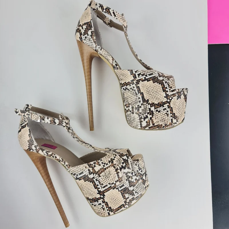 Brown Snake Print T-Strap Ankle High Heels