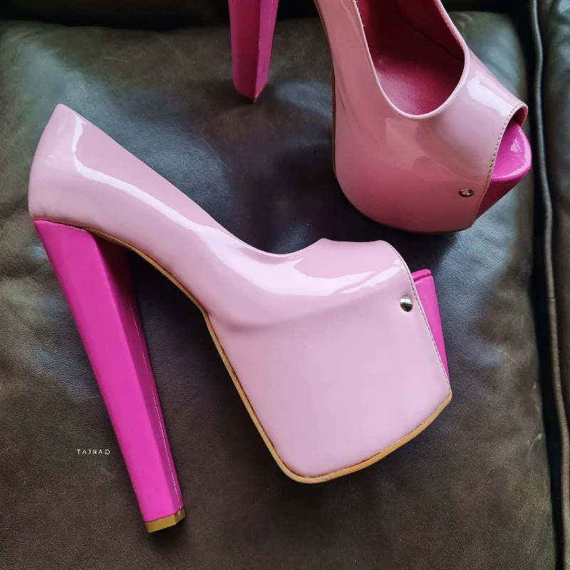 Pink Colour Block Open Toe Chunky High Heels