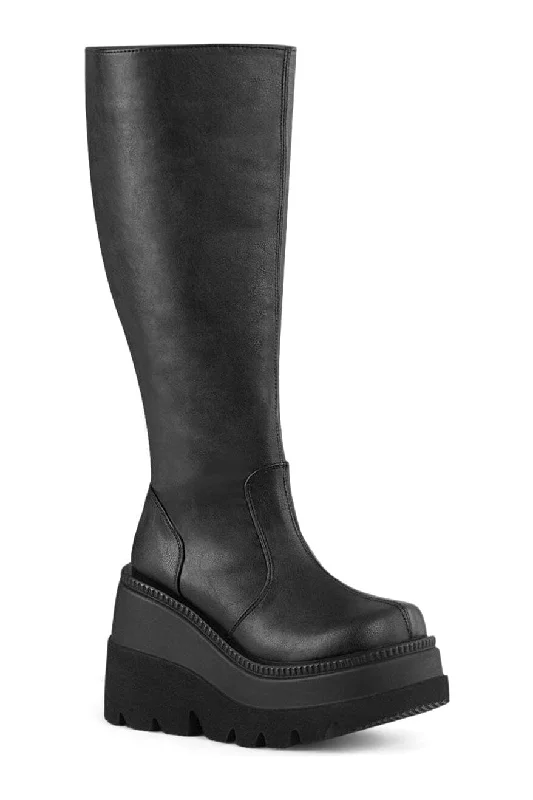 SHAKER-100WC Black Vegan Leather Knee Boot