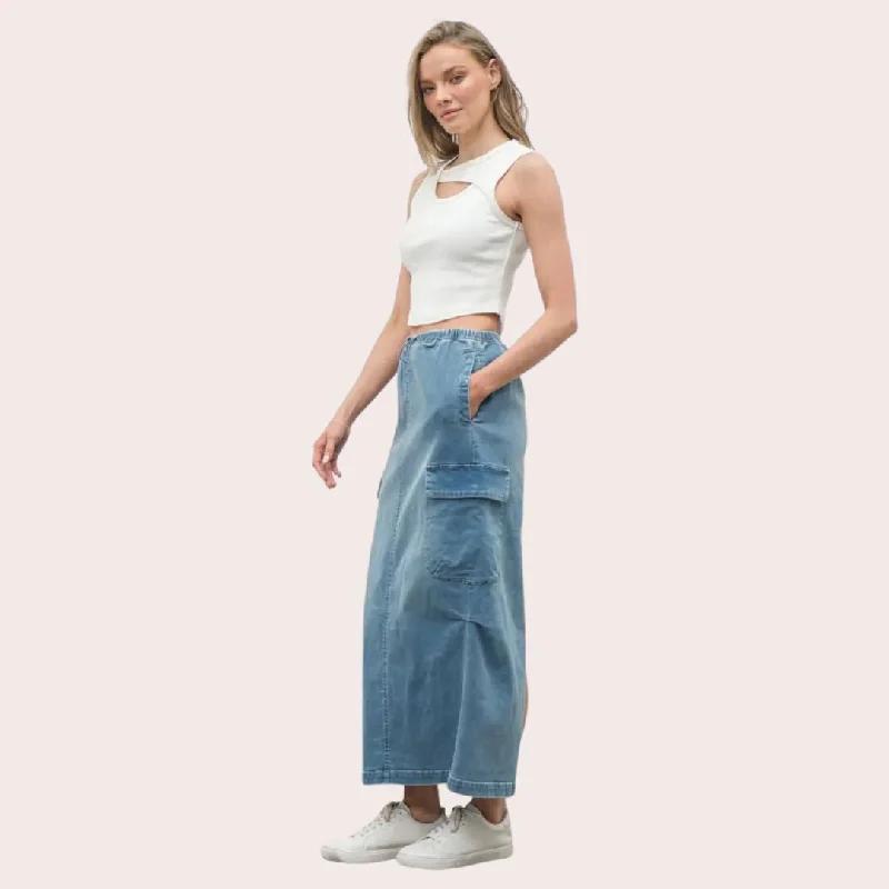 Denim Cargo Maxi Skirt