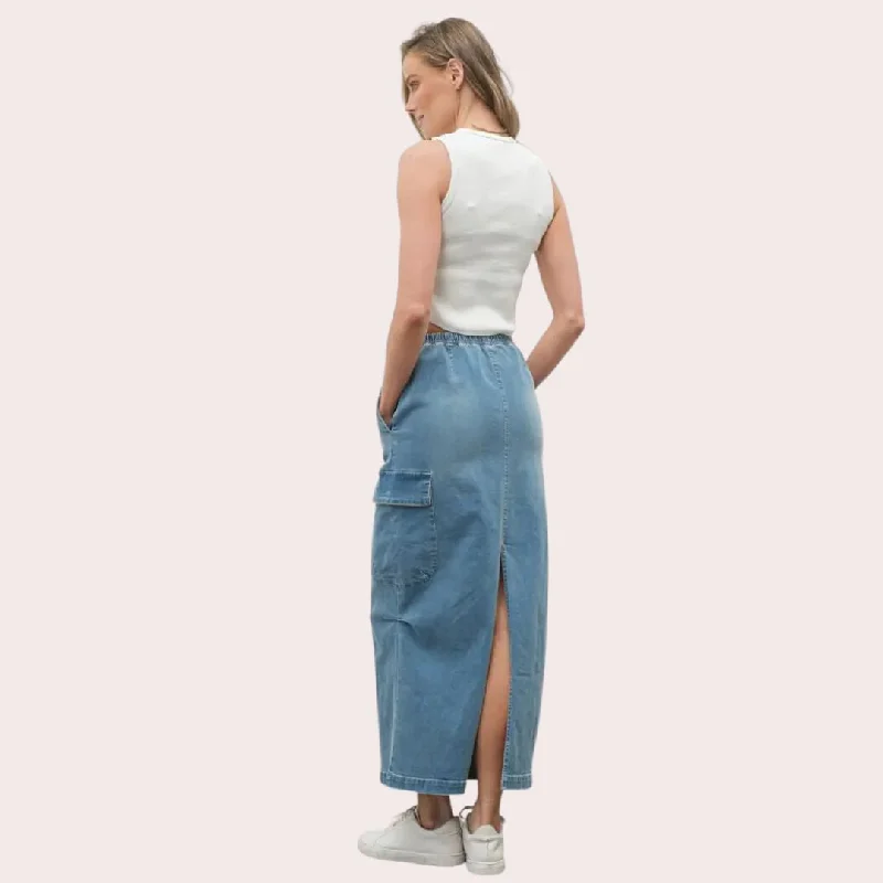 Denim Cargo Maxi Skirt