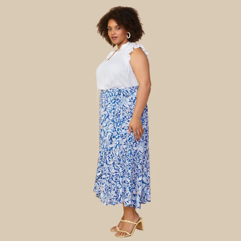 Floral Print Ruffle Wrap Skirt (White Navy)