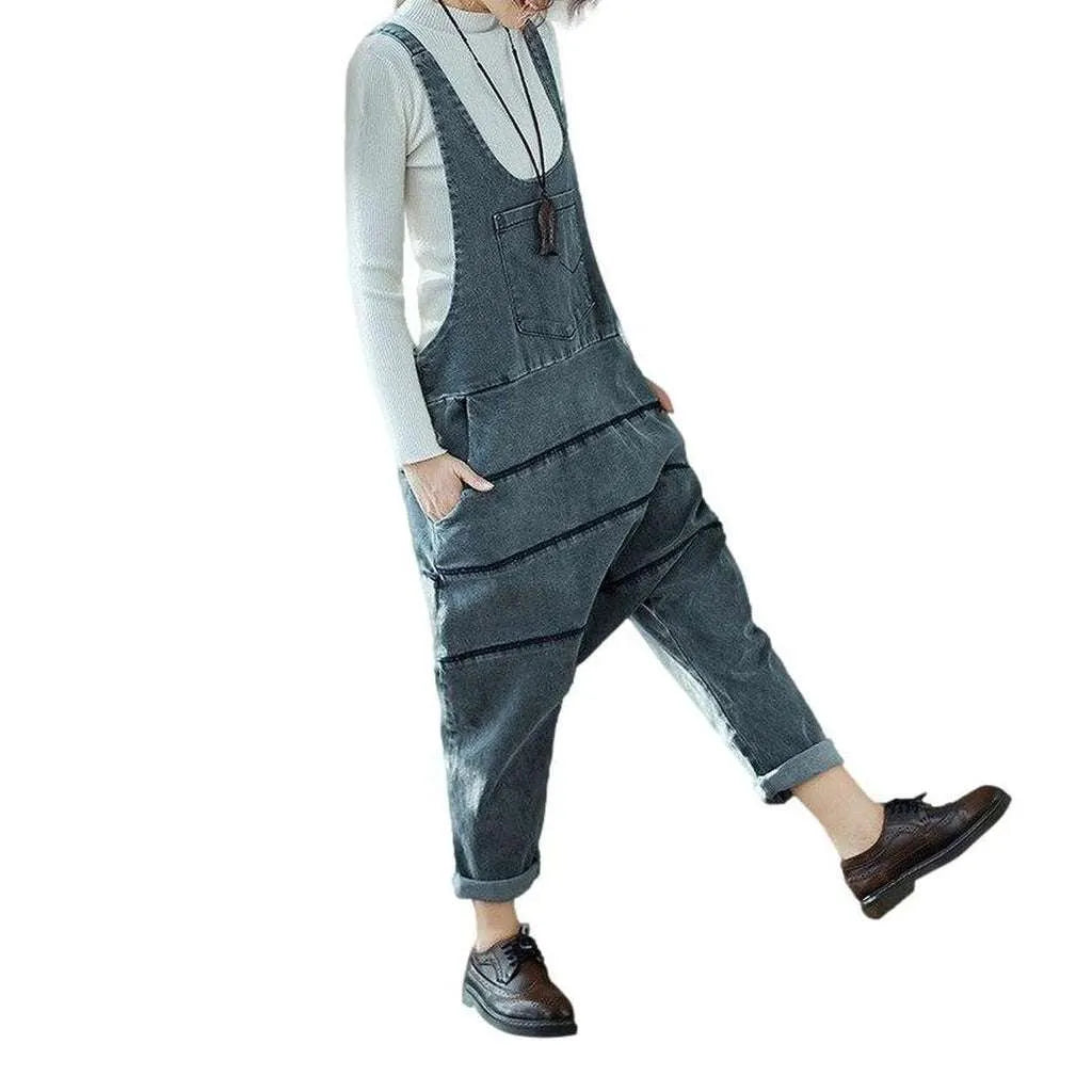 Baggy stonewashed women's jeans jumpsuit