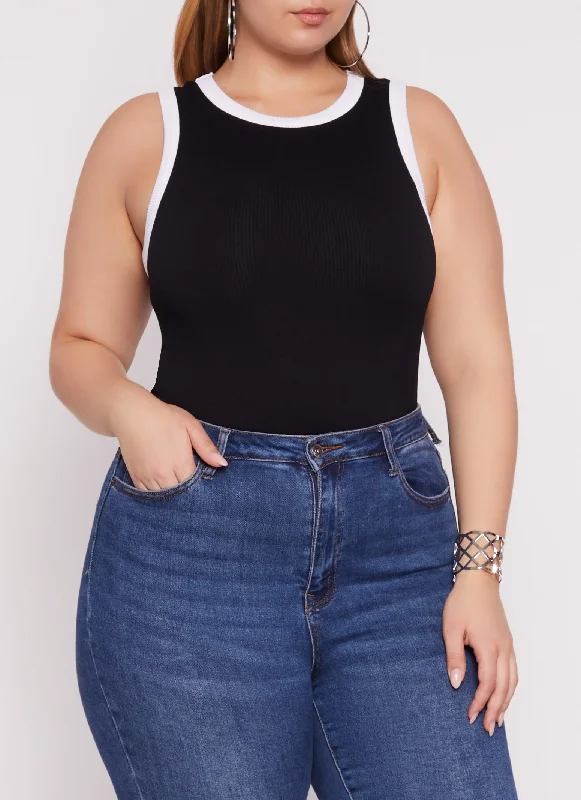 Plus Size Seamless Ribbed Contrast Trim Tank Top