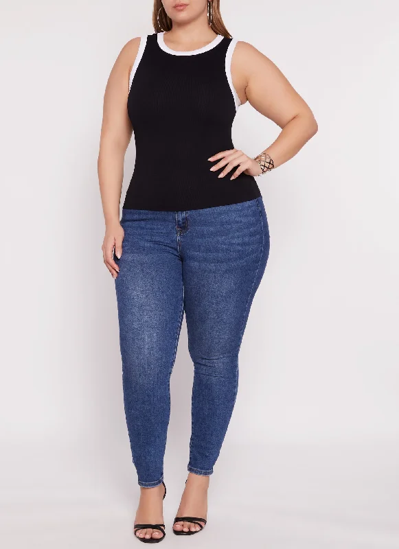 Plus Size Seamless Ribbed Contrast Trim Tank Top