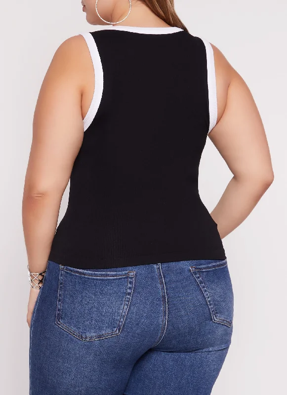 Plus Size Seamless Ribbed Contrast Trim Tank Top