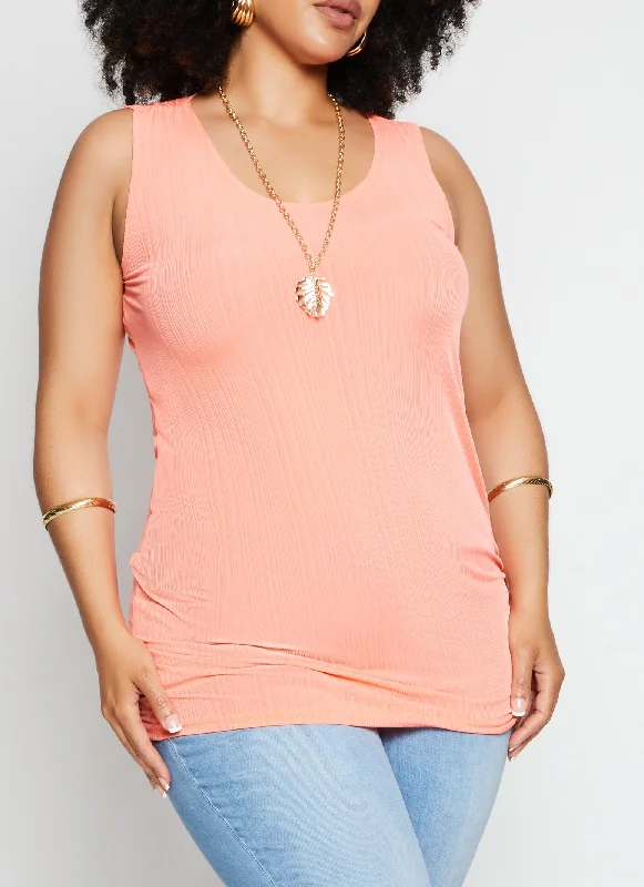 Plus Size Rib Knit Ruched Tank Top with Necklace