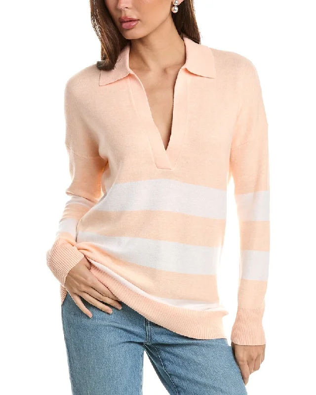 Forte Cashmere Stripe Split Neck Polo Cashmere-Blend Sweater