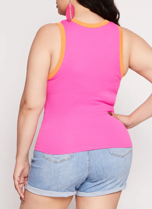 Plus Size Seamless Ribbed Contrast Trim Tank Top