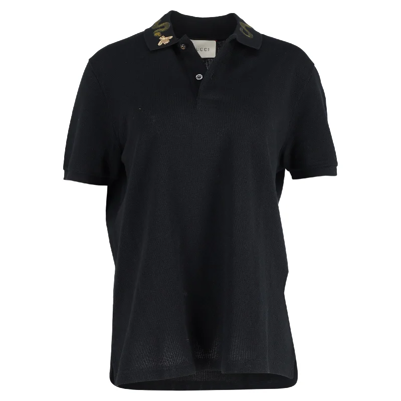 Gucci King Snake Embroidered Collar Polo Shirt in Black Cotton