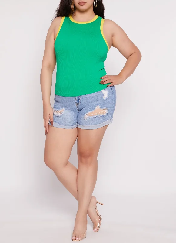 Plus Size Seamless Ribbed Contrast Trim Tank Top