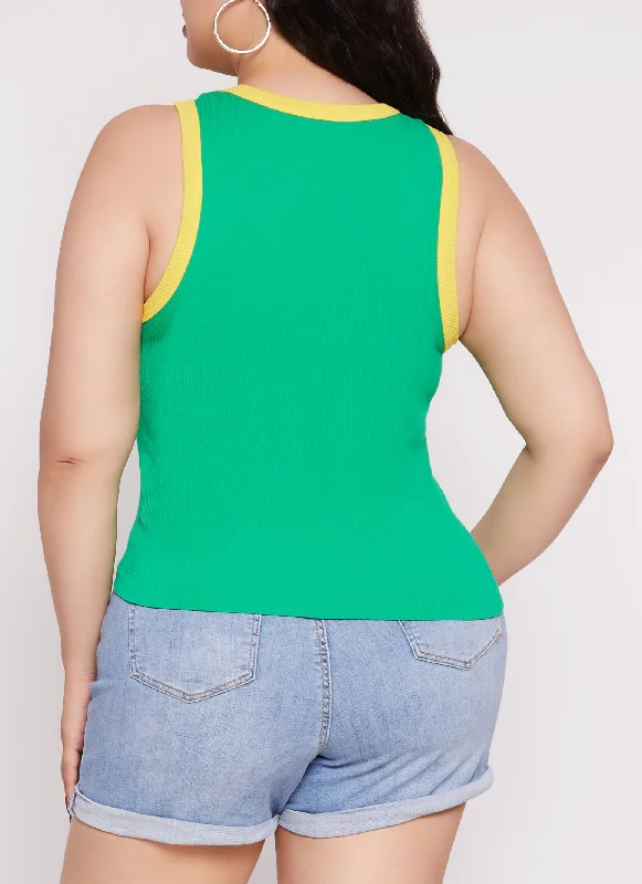 Plus Size Seamless Ribbed Contrast Trim Tank Top