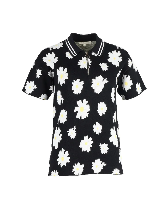 Maje Misseca Floral Collared Short-Sleeve Top in Black Cotton