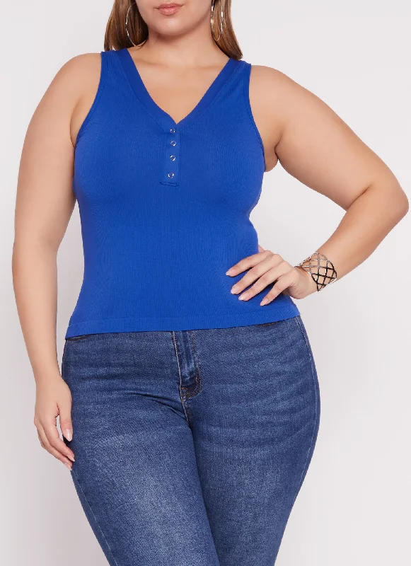 Plus Size Seamless Ribbed Snap Button Tank Top